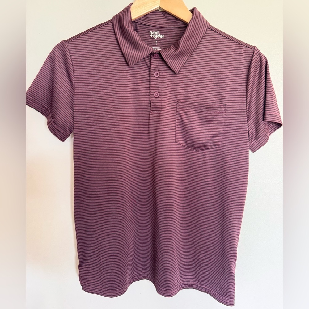 Rumi + Ryder Boys Burgundy Striped Performance Polo Shirt Size L 12-14 QuickDry